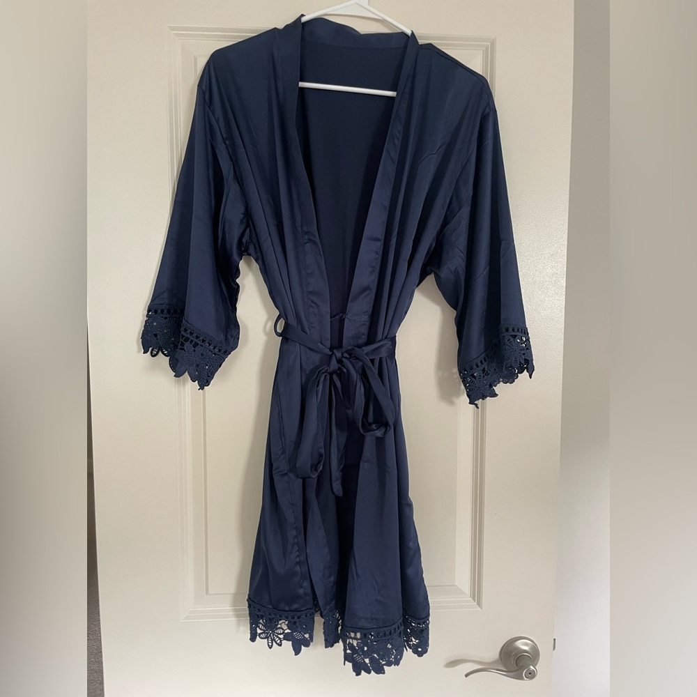 Bridesmaid Navy Blue Lace Trim Robe